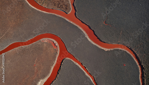 A striking aerial view of meandering red rivers through dark wetlands, ideal for environmental themes, nature conservation, and artistic projects.