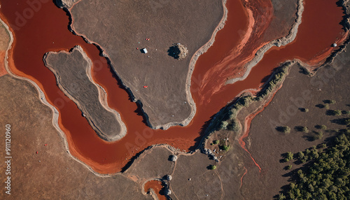 Aerial view of a river with striking red water, showcasing unique organic shapes and textures, ideal for nature photography, environmental campaigns, and artistic projects.