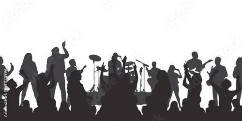 vector silhouette of a crowd of people watching a music concert in front of the stage with cheering and waving hands, suitable for poster, banner or advertising elements for concerts and parties