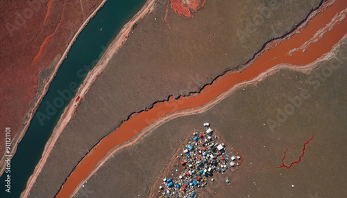 An aerial view of a remote camp surrounded by a striking red river and earthy landscape, ideal for nature exploration, travel photography, or environmental themes.