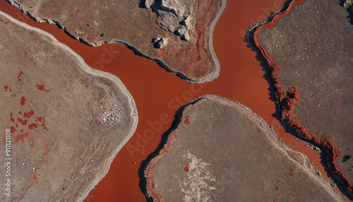 An aerial view of a remote camp surrounded by a striking red river and earthy landscape, ideal for nature exploration, travel photography, or environmental themes.