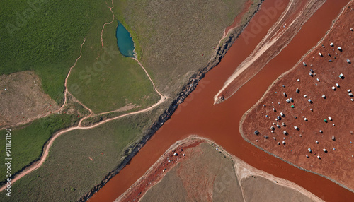 An aerial view showcasing a striking landscape with a red river intersecting green terrain, ideal for environmental or travel design projects.