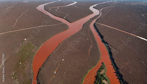 Aerial view of meandering rivers with reddish water flowing through a barren landscape, ideal for environmental themes or nature-related projects.