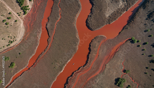 An aerial view showcasing a striking red river winding through a dry landscape, ideal for environmental themes, nature photography, and artistic projects.
