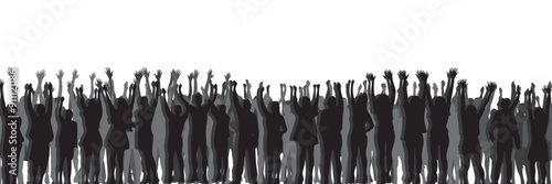 vector silhouette of a crowd of people watching a music concert in front of the stage with cheering and waving hands, suitable for poster, banner or advertising elements for concerts and parties