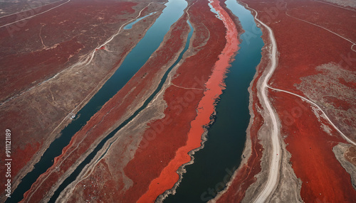A stunning aerial view of vibrant red waters merging with blue rivers, ideal for environmental designs, nature-themed projects, or artistic landscapes.
