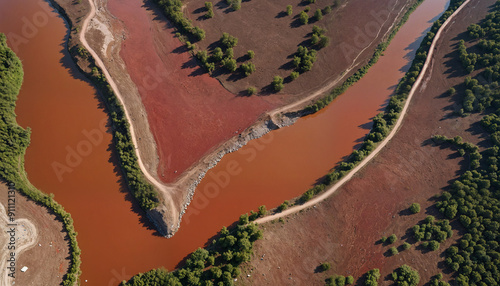 A stunning aerial view of winding rivers with vibrant red water, surrounded by green trees, ideal for environmental themes, nature exploration, and travel designs.