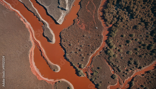 An aerial view of a winding river colored in rich reds and browns, perfect for nature-themed projects, travel brochures, or environmental conservation campaigns.