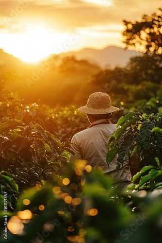male farmer in the coffee field. Selective focus