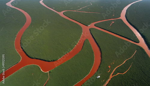 A stunning aerial view of a red river meandering through lush greenery, ideal for nature conservation, travel promotions, and environmental awareness.