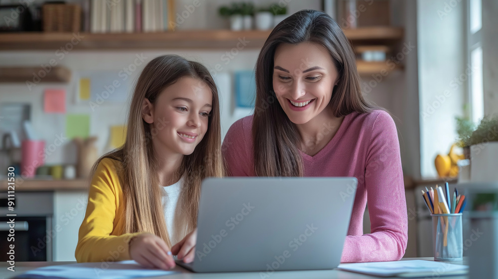 Mother and Daughter Engaged in Digital Learning Together at Home During Afternoon