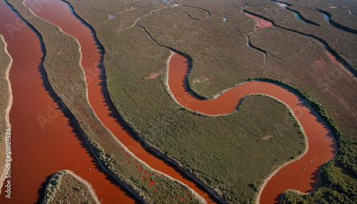 A stunning aerial view of winding rivers through vibrant wetlands, ideal for environmental themes, nature conservation, and travel marketing.