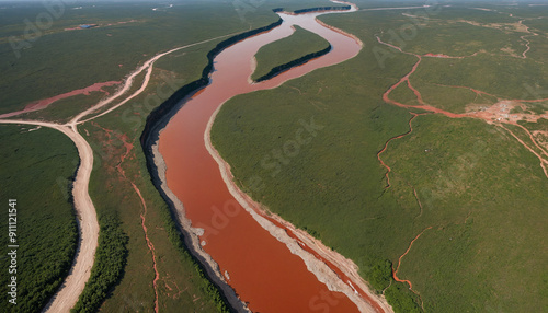 A stunning aerial view of a winding river with red water surrounded by lush green landscape, ideal for environmental or travel-themed projects.