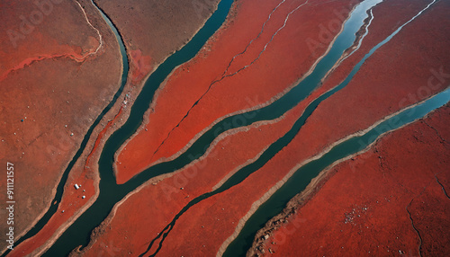 A stunning aerial view of a winding river with red water surrounded by lush green landscape, ideal for environmental or travel-themed projects.