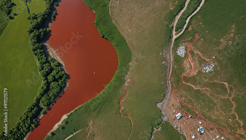 Aerial view of a contrasting landscape featuring a red river, green fields, and signs of environmental change, suitable for ecological and agricultural themes.