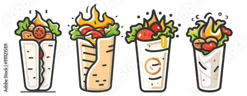 cartoon style, wrapped burritos with various fillings isolated on white, generative ai