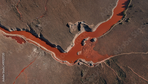 Aerial view of a striking red river winding through an arid landscape, ideal for nature photography, travel promotions, and environmental awareness campaigns.