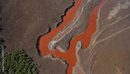 Aerial view of a winding river with striking red water in an arid landscape, highlighting environmental change and drought conditions. Ideal for environmental themes.