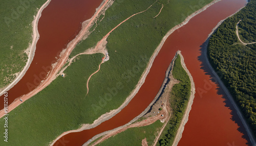 Aerial view of winding red rivers through lush green land, showcasing unique natural patterns, suitable for travel, nature conservation, and landscape design.
