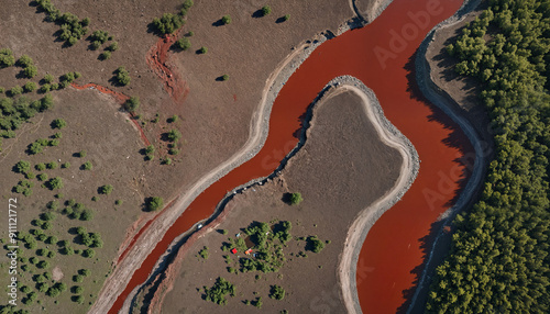 Aerial view of a winding red river surrounded by lush greenery, ideal for nature-related themes, environmental projects, or travel promotions.