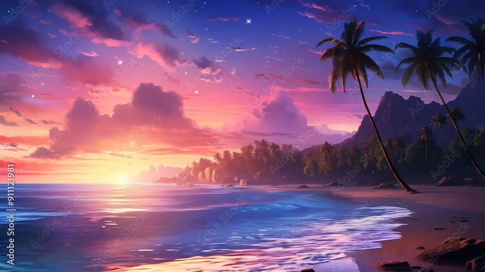 Beautiful tropical beach with palm trees at sunset. Retrowave fantasy landscape background.