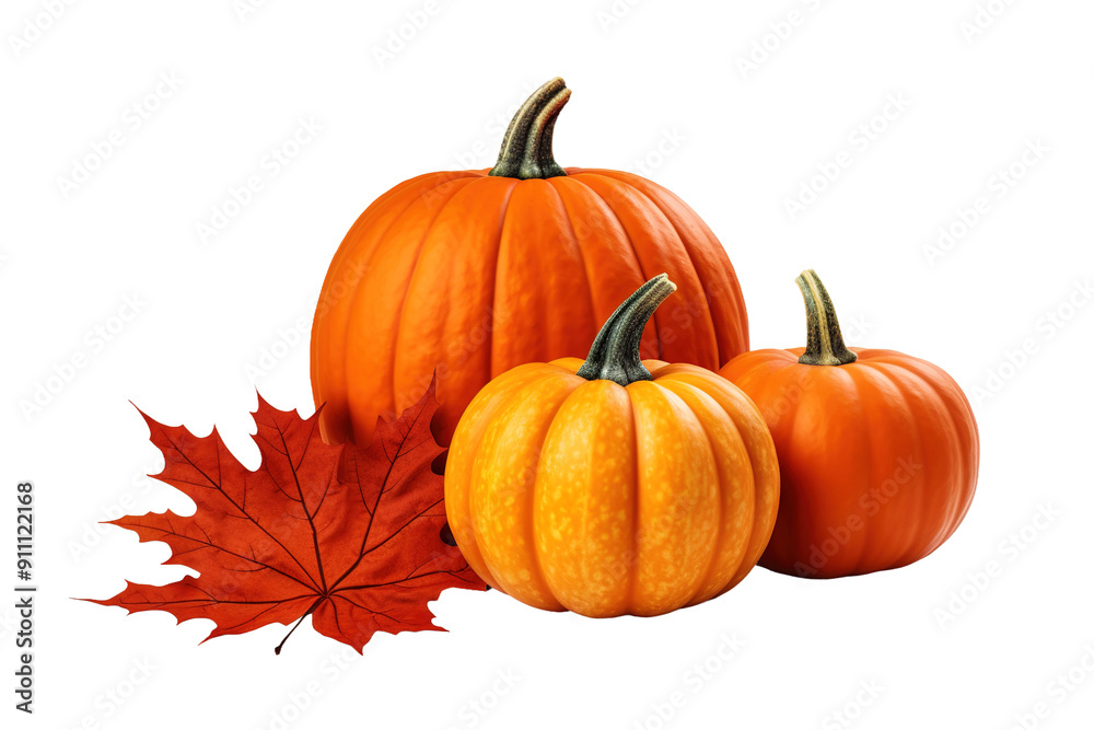 Three Pumpkins Dance With a Maple Leaf on White or PNG Transparent Background. Three Pumpkins Dance With a Maple Leaf on White or PNG Transparent Background.