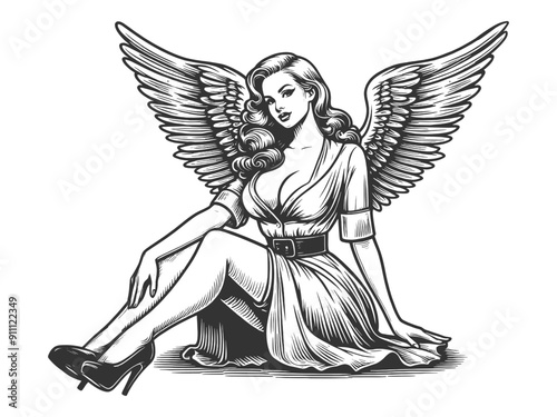 pin-up style angel sexy woman, featuring detailed wings and an elegant pose sketch engraving generative ai fictional character vector illustration. Scratch board imitation. Black and white image.
