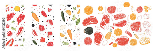 Vector background doodle pattern of fresh food and vegetables for packing. print or banner