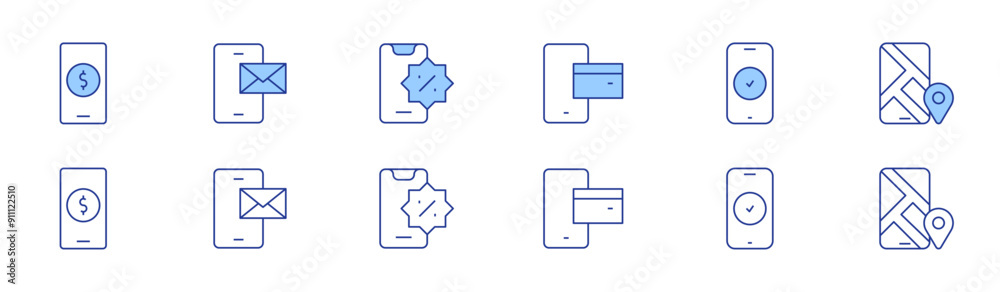 Smartphone icon set in two styles, Duotone and Thin Line style. Editable stroke. mobile payment, smartphone, check in, mobile banking, sms Smartphone icon set in two styles, Duotone and Thin Line style. Editable stroke. mobile payment, smartphone, check in, mobile banking, sms