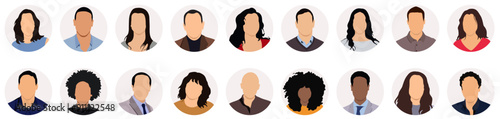 Big set of user avatar. Male and female faces. User pic, face icons for representing person in game, Internet forum, account. Unknown or anonymous person. People avatar profile icons. Flat style.