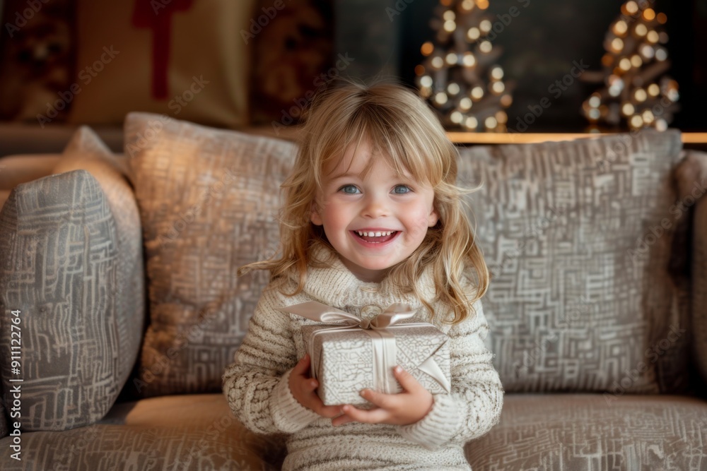 A smiling excited little girl opening a wrapped gift presented to her A smiling excited little girl opening a wrapped gift presented to her