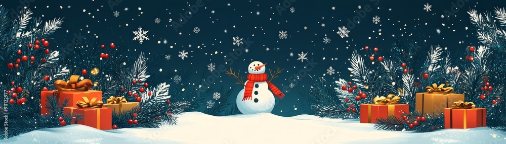 A cheerful snowman surrounded by colorful gifts, set against a snowy background with falling snowflakes, creating a festive winter scene. A cheerful snowman surrounded by colorful gifts, set against a snowy background with falling snowflakes, creating a festive winter scene.