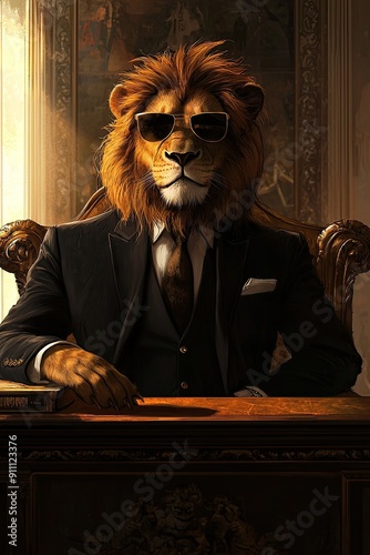 a lion in a suit in the office. Selective focus