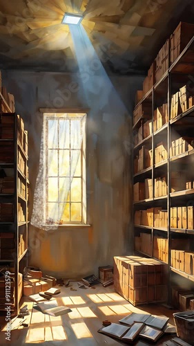 4k video of An old room arranged with a dusty old book, the scorching light shines brightly. photo