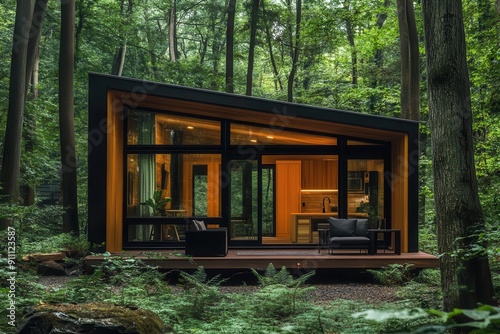 modern tiny house nestled in a lush forest clearing with large windows sustainable features and a cozy outdoor seating area