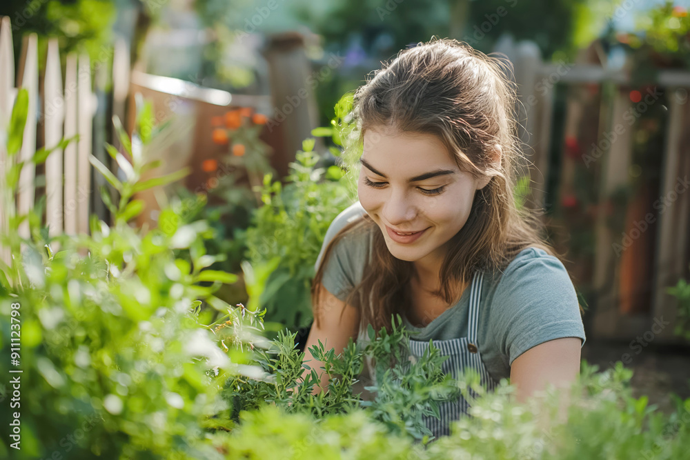A young, cheerful gardener is joyfully tending to various herbs in a colorful, vibrant garden, which is enveloped by lush greenery and a charming wooden fence A young, cheerful gardener is joyfully tending to various herbs in a colorful, vibrant garden, which is enveloped by lush greenery and a charming wooden fence