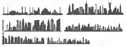 Vector collection of city icons silhouettes of iconic buildings in black and white minimalist design. Each icon depicts city elements such as skyscrapers, bridges, and towers with sharp, detailed line