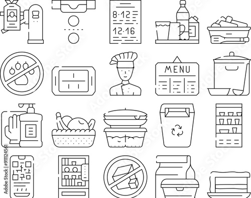 School Canteen Menu Collection Icons Set Vector. Canteen Food And Drink, Basket With Fruits And Cake Dessert, Cooked Dish And Chef Contour Illustrations