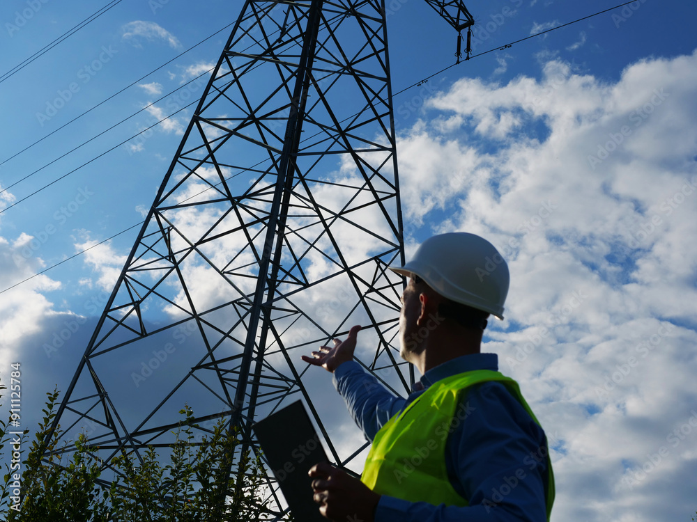 An energy engineer in a white helmet, reflective vest, and holding a tablet, looks at an electric tower and wires. This energy engineer ensures the safety and efficiency of the power grid. An energy engineer in a white helmet, reflective vest, and holding a tablet, looks at an electric tower and wires. This energy engineer ensures the safety and efficiency of the power grid.