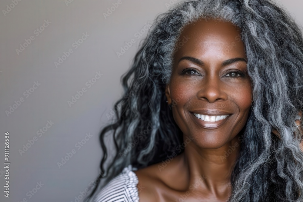 elegant mature black woman with long gray hair radiant skin confident smile beauty and skincare concept soft flattering lighting