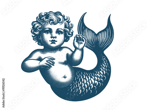 Cute baby mermaid boy. vintage engraving vector illustration. Logo, print, emblem