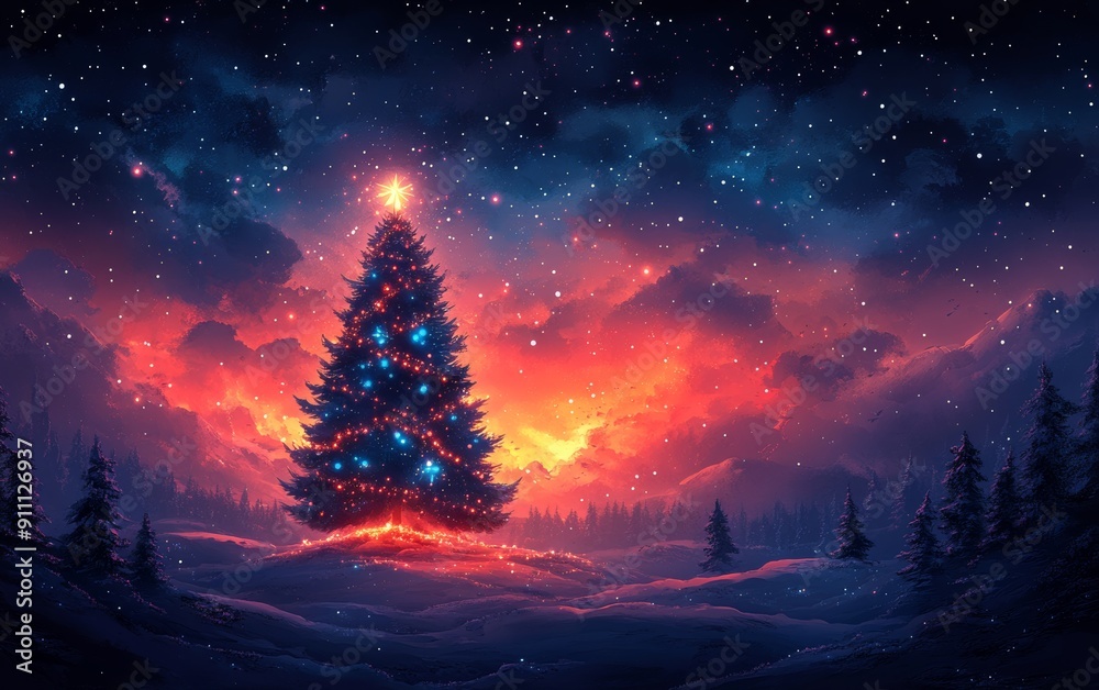 A mesmerizing Christmas tree illuminates a snowy landscape under a starry night sky, creating a magical holiday atmosphere. A mesmerizing Christmas tree illuminates a snowy landscape under a starry night sky, creating a magical holiday atmosphere.