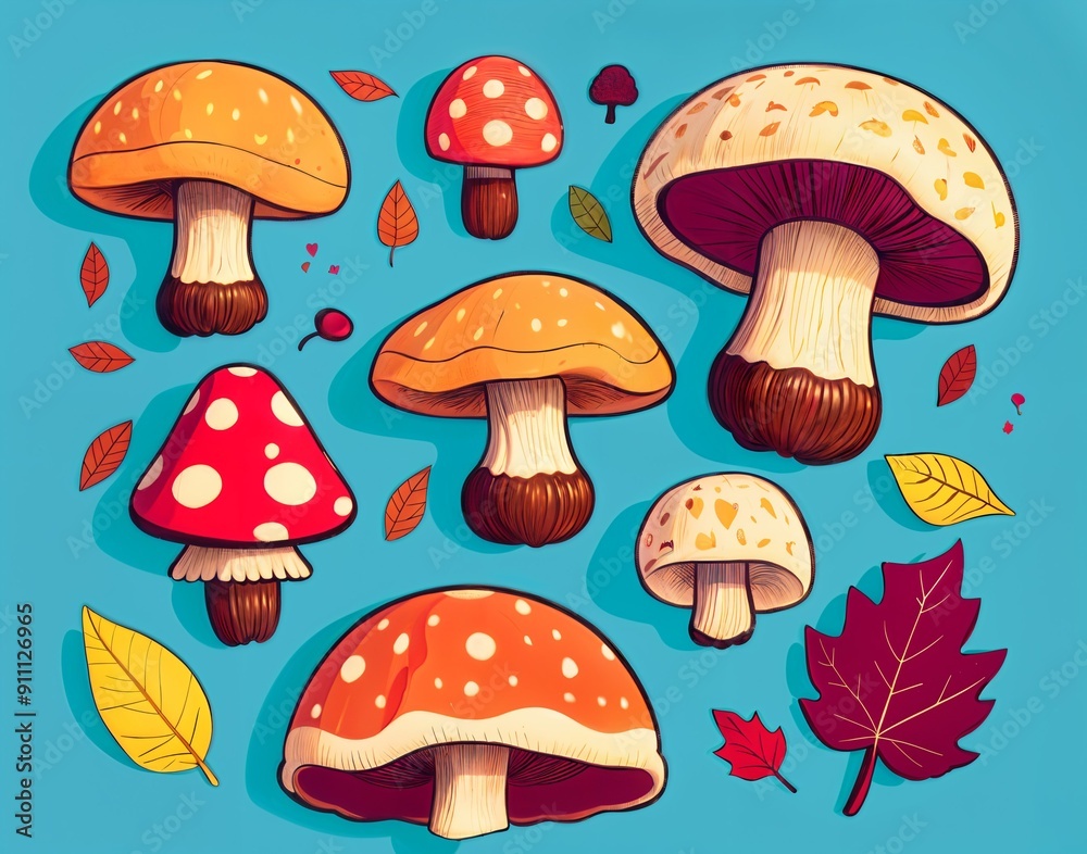 y2k style mushrooms set illustration. Forest vibe with leaves y2k style mushrooms set illustration. Forest vibe with leaves