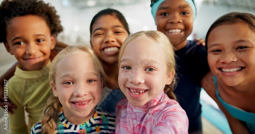 Portrait, kids and happy with selfie at swimming center for training, workout and practice for child development. Diversity, friends and smile for sports challenge, tournament and games for fitness