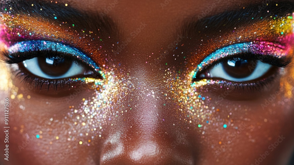 Artistic shot of a model with bold, colorful eye makeup and glitter accents
