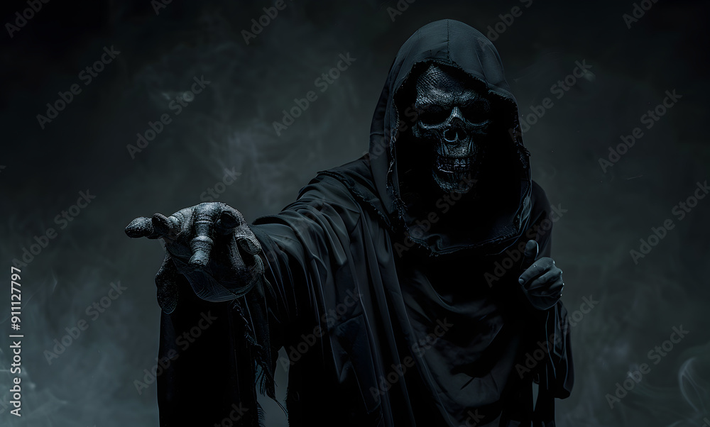 Grim reaper reaching towards the camera over dark background with copy space Grim reaper reaching towards the camera over dark background with copy space