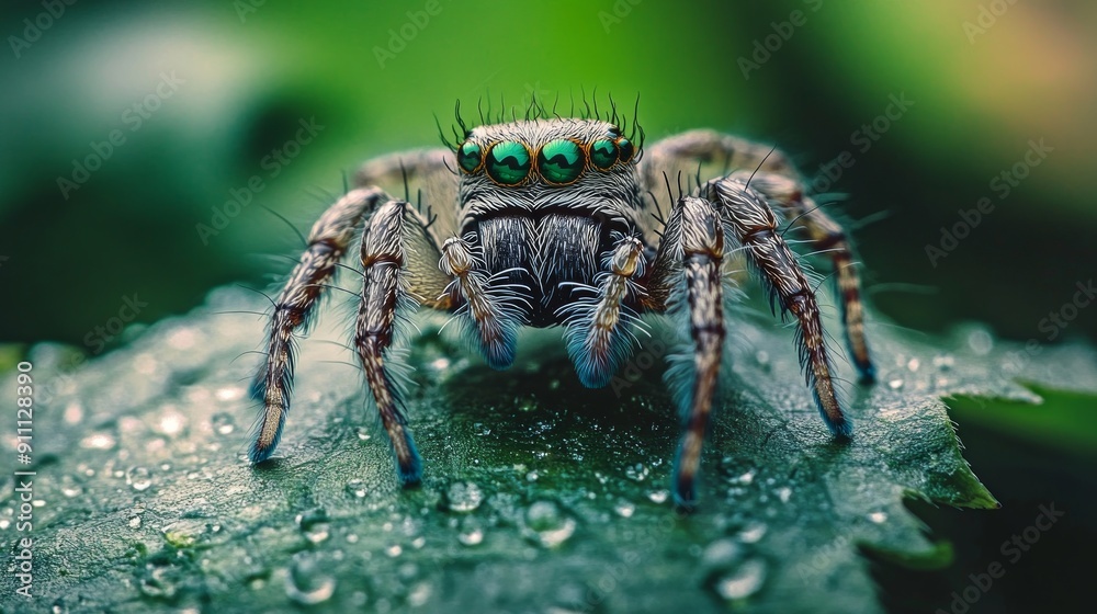 Close-up of a Jumping Spider with Striking Green Eyes Close-up of a Jumping Spider with Striking Green Eyes