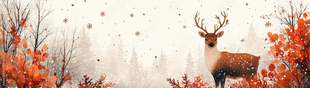 A serene winter scene featuring a majestic deer among vibrant orange foliage and soft falling snowflakes. A serene winter scene featuring a majestic deer among vibrant orange foliage and soft falling snowflakes.