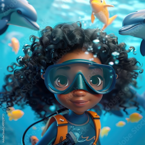 A Young Girl Wearing a Diving Mask and Wetsuit Surrounded by Marine Life photo