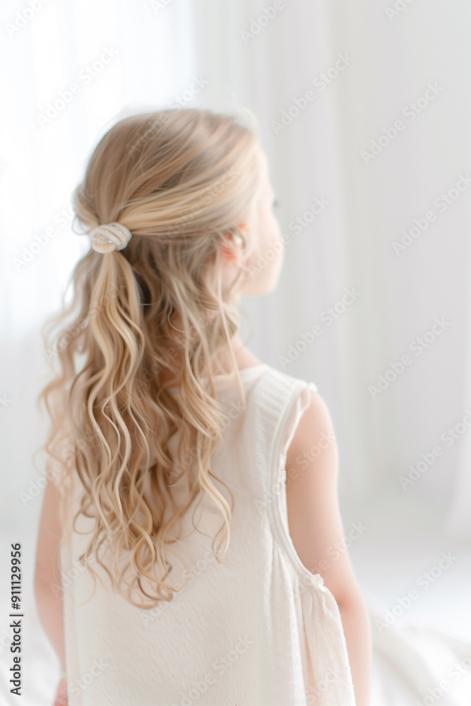 Charming portrait of a little girl with luscious curly blonde hair and captivating blue eyes, dressed in a pristine white dress. Charming portrait of a little girl with luscious curly blonde hair and captivating blue eyes, dressed in a pristine white dress.